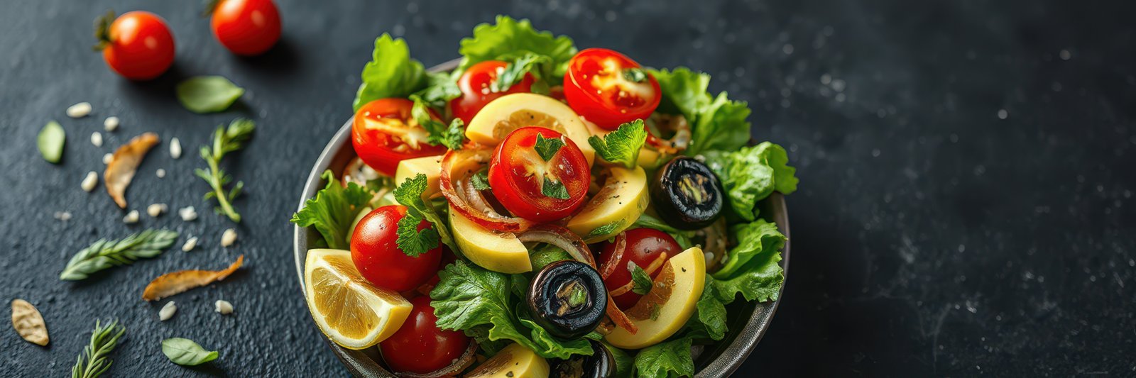 Fresh salad featuring ripe tomatoes, crisp lettuce, and vibrant olives on a dark background